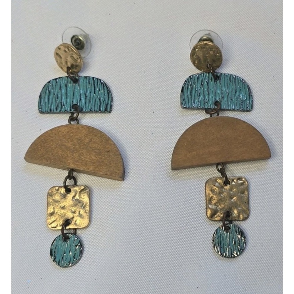 Dangle Earrings Tiered Geometric Design Turquoise Patina